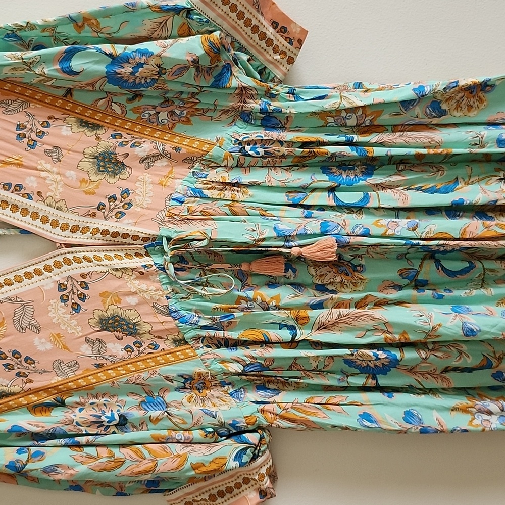 Floral Multicolor Maxi Dress Modesty Tie Balloon Sleeve 3/4  Front Slit Boho - Picture 5 of 9